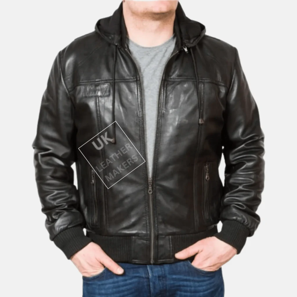 Men's black hooded leather bomber jacket Troy with detachable hood