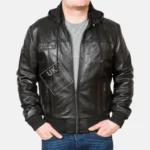 Men's black hooded leather bomber jacket Troy with detachable hood