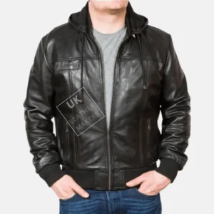 Men's black hooded leather bomber jacket Troy with detachable hood