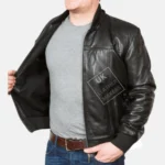 Men's black hooded leather bomber jacket Troy with detachable hood