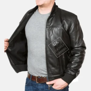 Men's black hooded leather bomber jacket Troy with detachable hood