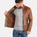 Mens Vintage Tan Leather Biker Jacket – Cruz -Superior Quality open