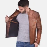 Mens Vintage Tan Leather Jacket – Corado open zip look