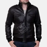 Mens Black Leather Bomber Jacket Pinnacle close look