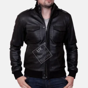 Mens Black Leather Bomber Jacket Pinnacle close look