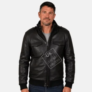 Pinnacle men's black leather bomber jacket in soft Nappa leather